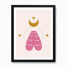 Pink Butterfly And Golden Moon Art Print