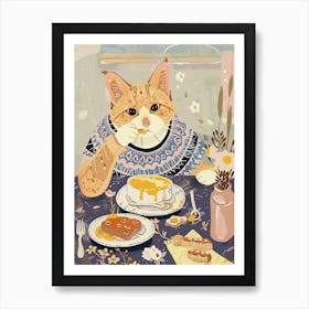 Tan Cat Having Breakfast Folk Illustration 4 Art Print