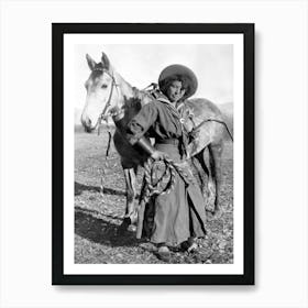 Black Cowgirl And Her Horse, Western Aesthetic,Vintage Black and White Old Photo Art Print