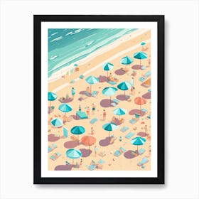 Surreal Figures On Sandy Beach With Umbrellas Parasol Sea Line Pastel Colours Art Print
