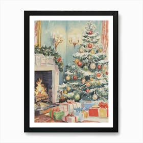 Christmas Tree In Front Of Fireplace Art Print