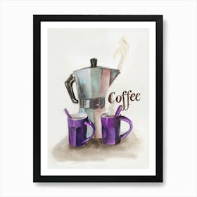 Coffee Percolator And Purple Cups 1 Art Print