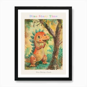 Cute Stegosaurus Eating Leaves Pencil Crayon Illustration Poster Art Print