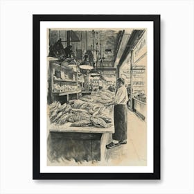 Detailed Black & Sepia Illustration Of A Market Hall Art Print
