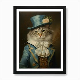 Blue Cat In A Hat Rococo Style Painting Art Print