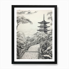 Chureito Pagoda In Yamanashi, Ukiyo E Black And White Line Art Drawing 1 Art Print
