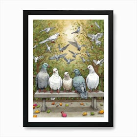 Pigeons On A Bench 1 Art Print