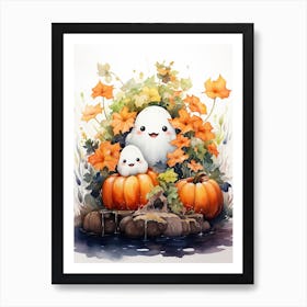 Cute Bedsheet Ghost, Botanical Halloween Watercolour 114 Art Print