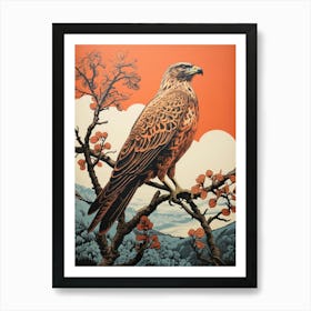 Vintage Bird Linocut Red Tailed Hawk 2 Art Print