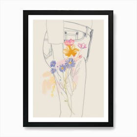 Blue Jeans Line Art Flowers 9 Art Print