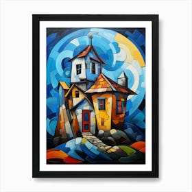 Fairytale House at Night 3, Abstract Vibrant Colorful Cubism Style Art Print