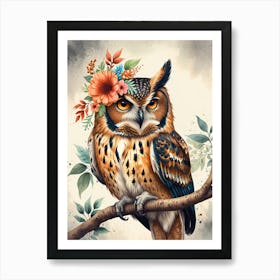 Owl With Flowers 2 Art Print