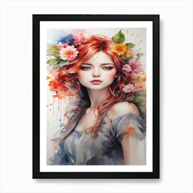 Red Haired Girl With Flowers Art Print