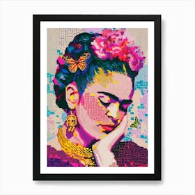 Frida Kahlo Mit Schmetterling, Mosaik Neon Pop Art Druck Art Print