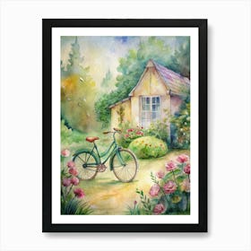 Watercolor Of A Bicycle In The Garden Art Print