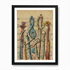 Music Notes And Flowers Art Print