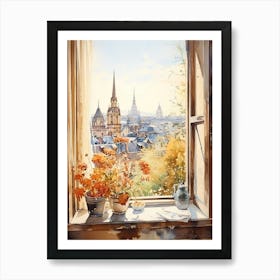 Window View Of Frankfurt Germany In Autumn Fall, Watercolour 4 Art Print