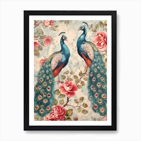 Two Vintage Floral Peacocks 1 Art Print