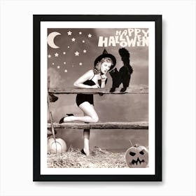 Pin Up Witch Is Sharing Her Secrets With Black Cat, Under The Moon Art Print