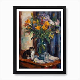 Flower Vase Iris With A Cat 4 Impressionism, Cezanne Style Art Print