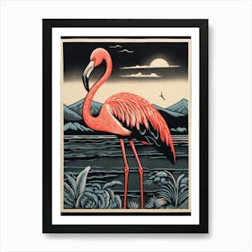 Vintage Bird Linocut Greater Flamingo 1 Art Print