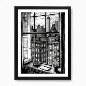 A Window View Of New York In The Style Of Black And White  Line Art 4 Art Print