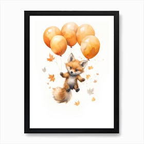 Fox Flying With Autumn Fall Pumpkins And Balloons Watercolour Nursery 4 Art Print