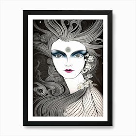 Woman Face Art Nouveau Line Art Drawing Vintage Retro Lady Avatar Person Art Print