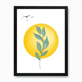 Mid Century Modern Minimalist Art Watercolor Painting Japanese Birds, Leaf and Yellow Sun Clean Lines Art Print