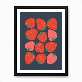 Strawberries Print Navy Blue And Red 01 Art Print