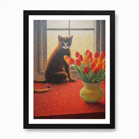 Tulips With A Cat 4 Pointillism Style Art Print