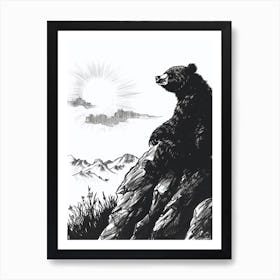 Malayan Sun Bear Looking At A Sunset From A Mountain Ink Illustration 2 Art Print