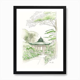 Meiji Shrine Inner Garden, Japan Vintage Pencil Drawing Art Print