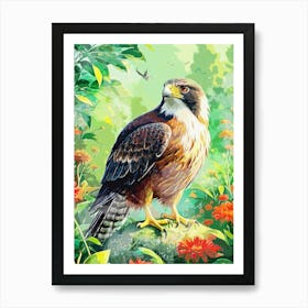 Bird Hawk In Garden Watercolor Art Print