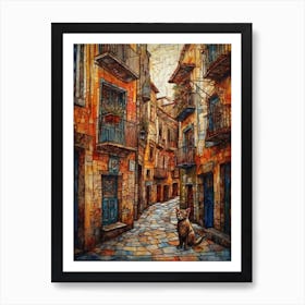 Painting Of Barcelona With A Cat In The Style Of Renaissance, Da Vinci 4 Art Print