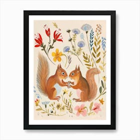 Folksy Floral Animal Drawing Squirrel 5 Art Print