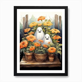 Cute Bedsheet Ghost, Botanical Halloween Watercolour 33 Art Print