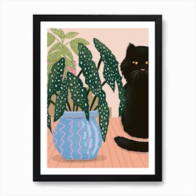 Begonia, Black Cat And Blue Plant Pot Art Print