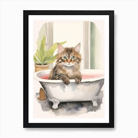 Kurilian Bobtail Cat In Bathtub Botanical Bathroom 2 Art Print