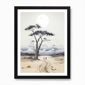 Tottori Sand Dunes In Tottori, Japanese Brush Painting, Ukiyo E, Minimal 3 Art Print