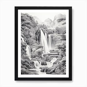 Nachi Falls In Wakayama, Ukiyo E Black And White Line Art Drawing 1 Art Print