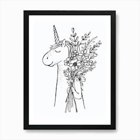 Unicorn And A Bouquet Of Flowers Black And White Doodle 2 Art Print