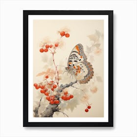 Butterfly With Cranberries Japanese Style Painting Art Print
