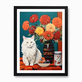 Chrysanthemum Flower Vase And A Cat, A Painting In The Style Of Matisse 2 Affiche