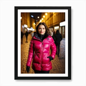 Woman in down jacket, walking in luminous city at night 6 Art Print