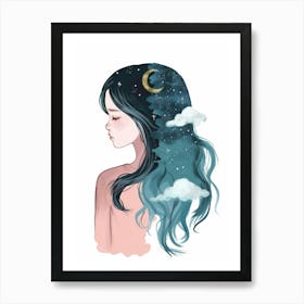 Girl With Moon And Clouds Art Print