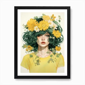 portrait illustration of woman with flowers 1 Art Print