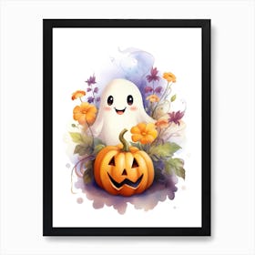 Cute Ghost With Pumpkins Halloween Watercolour 40 Art Print