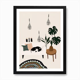 Boho Living Room With A Mostera And A Cat Copy Art Print