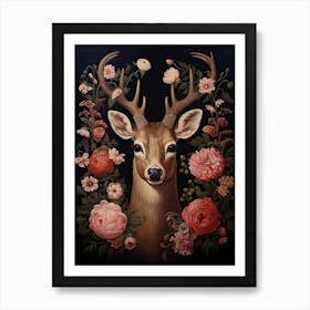 Deer Portrait With Rustic Flowers 0 Art Print